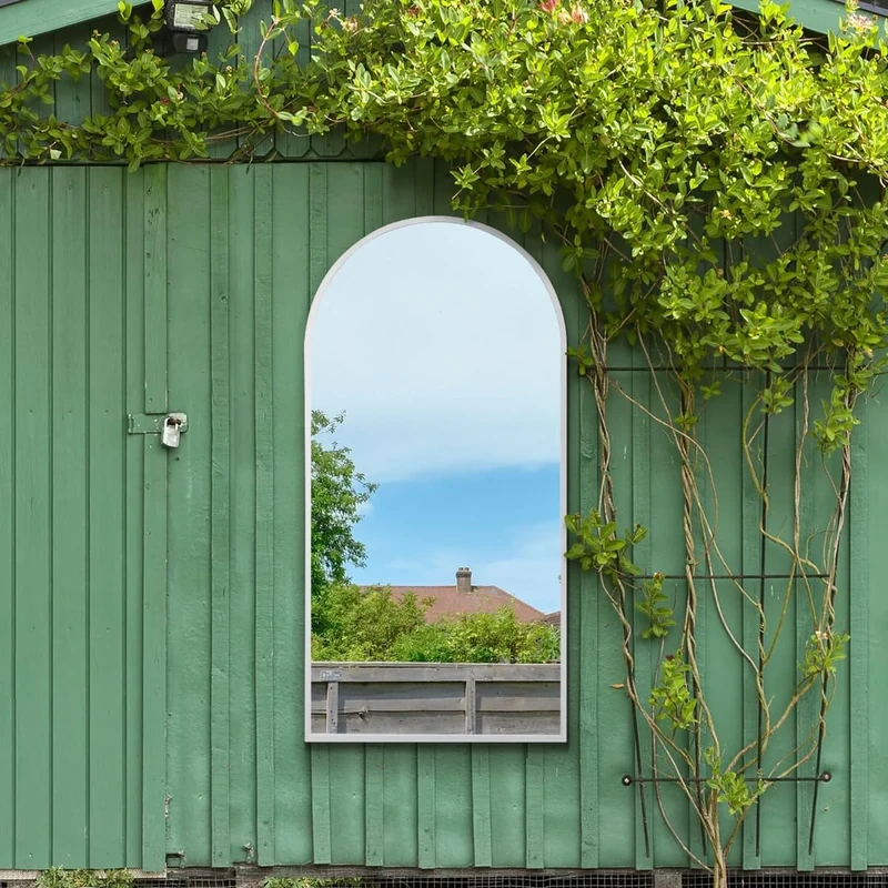 MirrorOutlet The Arcus - White Framed Modern Full Length Arched Garden Wall Mirror 63" X 31" (160CM X 80CM) Silver Mirror Glass with Black All weather Backing.