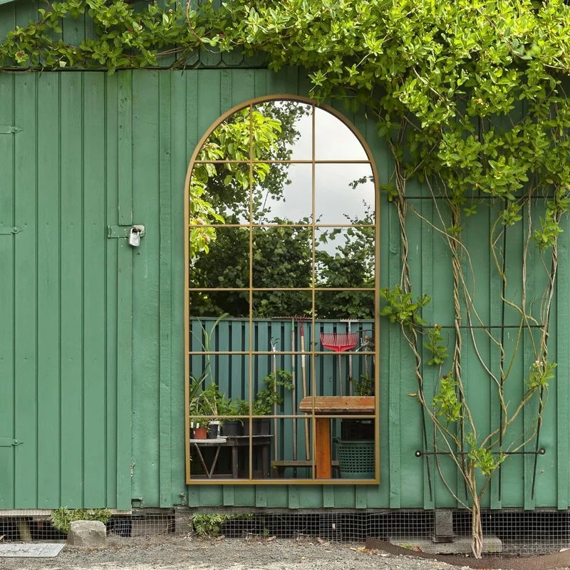 MirrorOutlet The Fenarc - Gold Metal Framed Modern Arched Garden Wall WIndow Mirror 71" X 35" (180CM X 90CM) Gold. 2cm Wide Frame and 3cm Deep. Perfect for Home and Garden