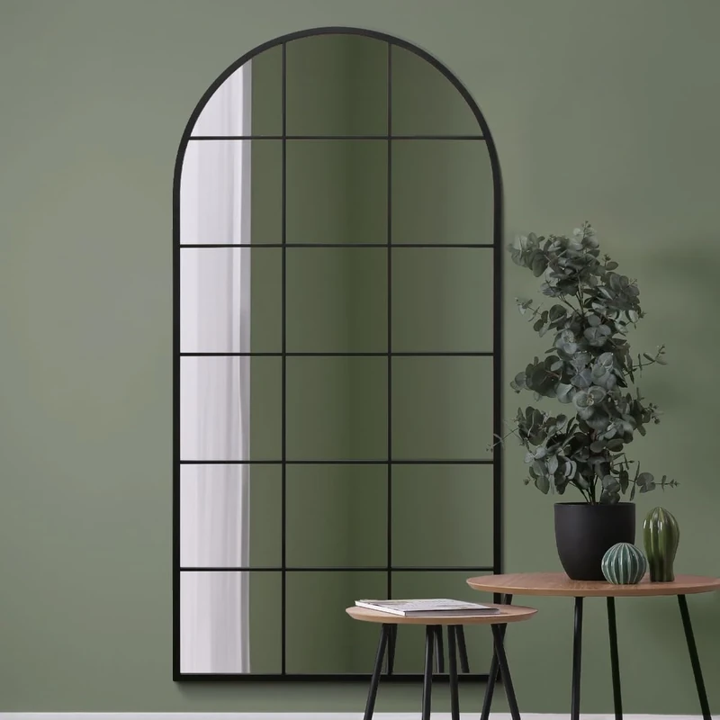 MirrorOutlet The Fenarc - Black Metal Framed Modern Arched Wall Leaner WIndow Mirror 71" X 35" (180CM X 90CM) Black. 2cm Wide Frame and 3cm Deep. Perfect for Home and Garden