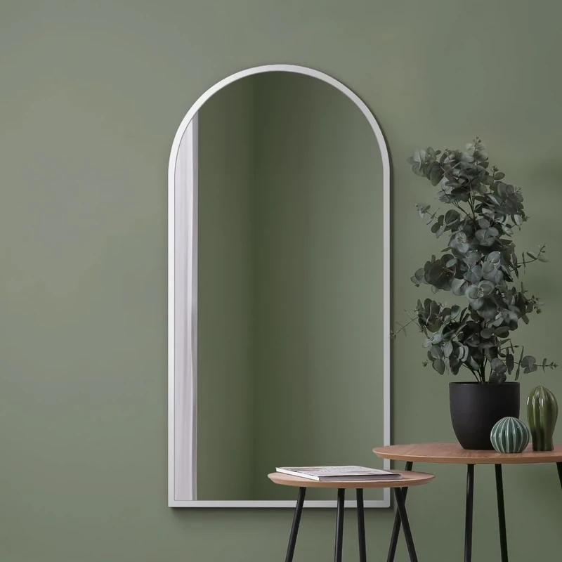 MirrorOutlet The Arcus - White Framed Modern Full Length Arched Leaner/Wall Mirror 55" X 27.5" (140CM X 70CM) Silver Mirror Glass with Black All weather Backing.