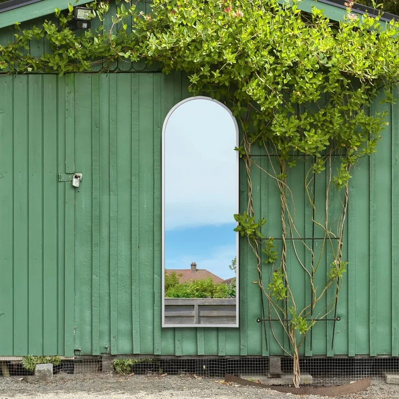 MirrorOutlet The Arcus - White Metal Framed Modern Arched Garden Wall Leaner Mirror 71" X 24" (180CM X 60CM) Silver Mirror Glass with Black All weather Backing.