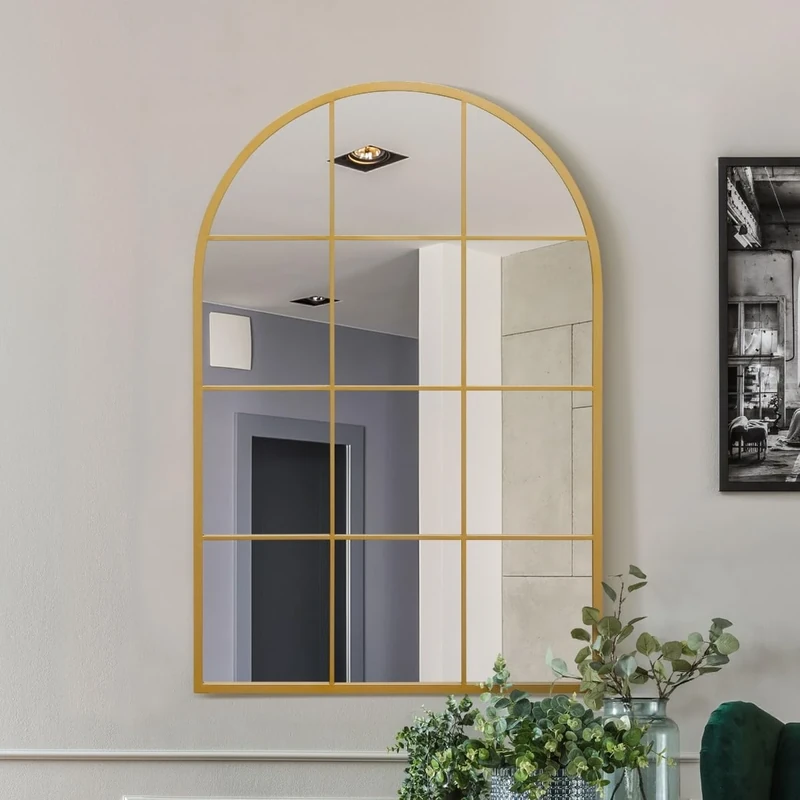 MirrorOutlet The Fenarc - Gold Metal Framed Modern Arched Wall Leaner WIndow Mirror 47" X 31" (120CM X 80CM) Black. 2cm Wide Frame and 3cm Deep. Perfect for Home and Garden
