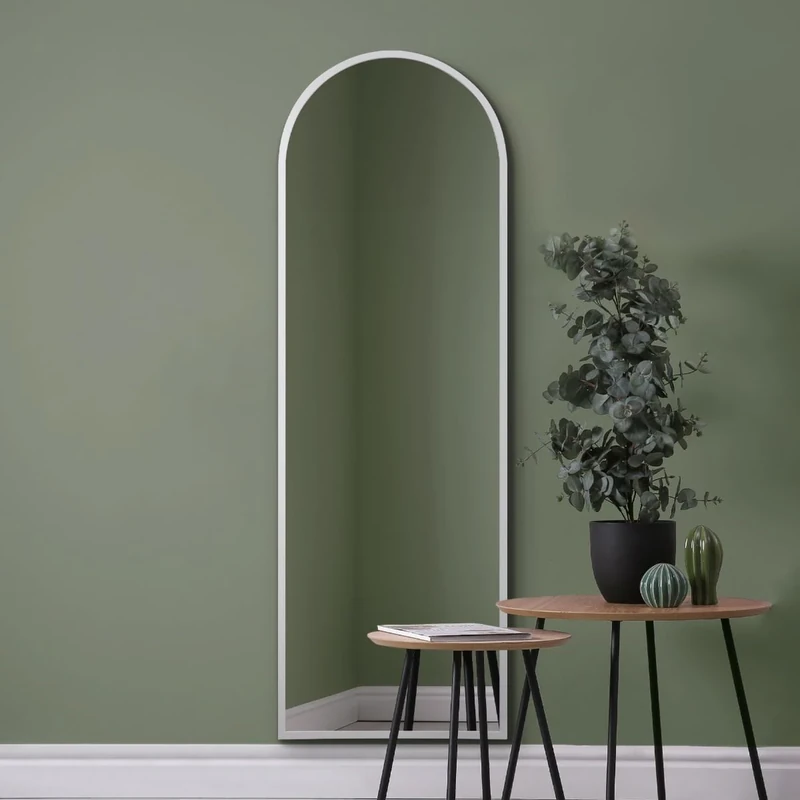 MirrorOutlet The Arcus - White Framed Modern Full Length Arched Leaner/Wall Mirror 71" X 24" (180CM X 60CM) Silver Mirror Glass with Black All weather Backing.