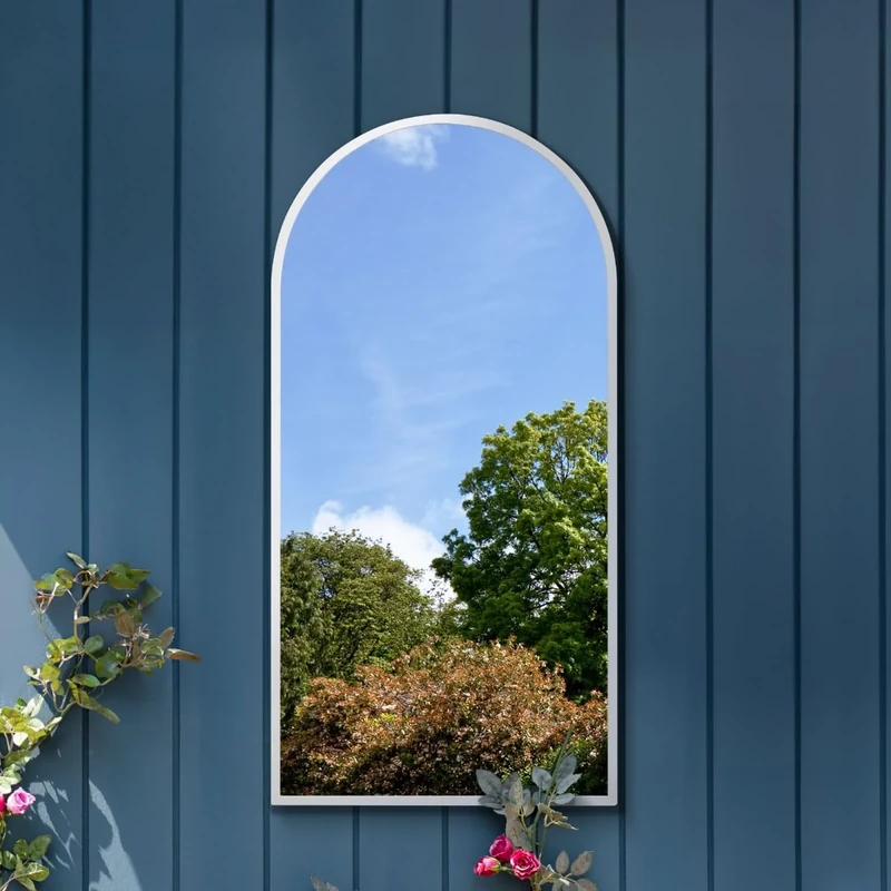 MirrorOutlet The Arcus - White Framed Modern Full Length Arched Garden Wall Mirror 55" X 27.5" (140CM X 70CM) Silver Mirror Glass with Black All weather Backing.