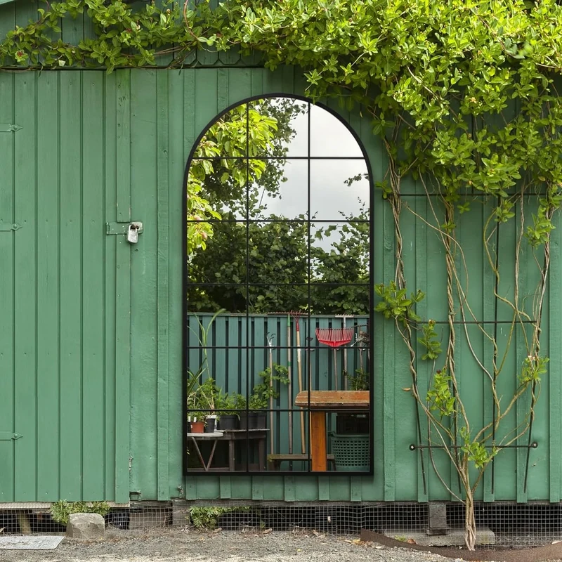 MirrorOutlet The Fenarc - Black Metal Framed Modern Arched Garden Wall WIndow Mirror 71" X 35" (180CM X 90CM) Gold. 2cm Wide Frame and 3cm Deep. Perfect for Home and Garden