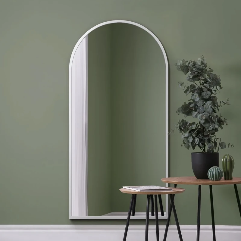 MirrorOutlet The Arcus - White Framed Modern Full Length Arched Leaner/Wall Mirror 63" X 31" (160CM X 80CM) Silver Mirror Glass with Black All weather Backing.