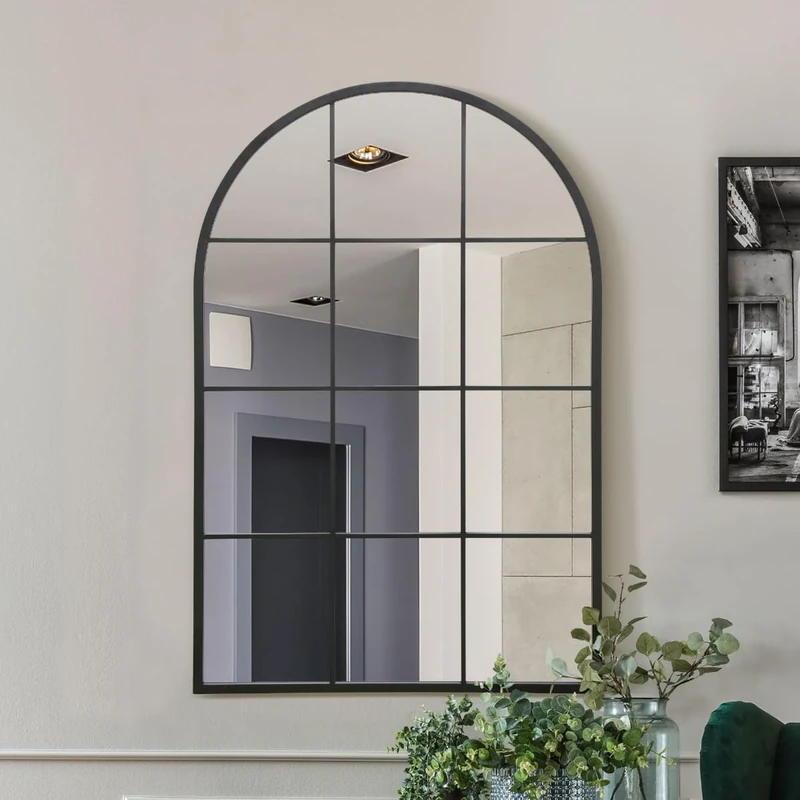 MirrorOutlet The Fenarc - Black Metal Framed Modern Arched Wall Leaner WIndow Mirror 47" X 31" (120CM X 80CM) Black. 2cm Wide Frame and 3cm Deep. Perfect for Home and Garden
