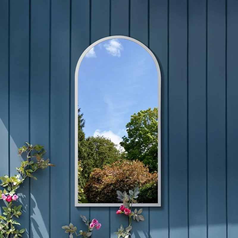 MirrorOutlet The Arcus - White Metal Framed Modern Arched Garden Wall Mirror 47" X 23.5" (120CM X 60CM) Black. 2cm Wide Frame and 3cm Deep.