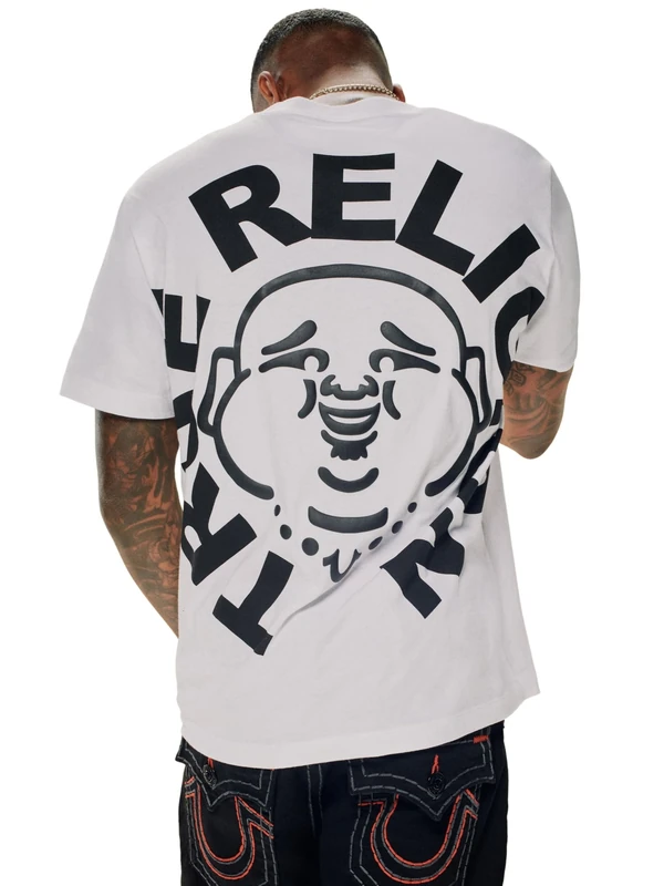True Religion Men's Short Sleeve Buddha Face Tee - Casual Graphic T-Shirt, Optic White, XL - Image 1