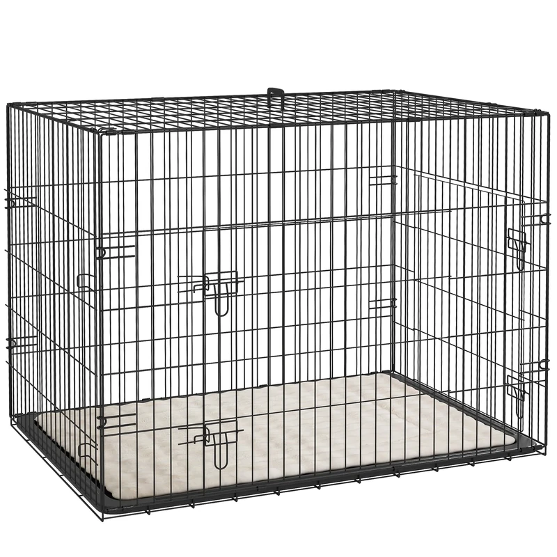 PawHut Dog Crate with Two Doors, Tray, Soft Cushion, for Large Dogs, Black