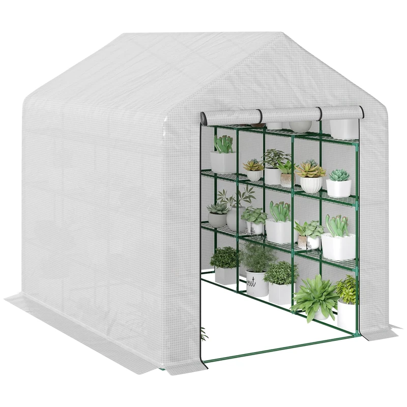 Outsunny Walk-in Greenhouse with 4 Tier 24 Shelves, Portable Grow House with Roll-up Zipped Door, 244 x 180 x 210 cm, White