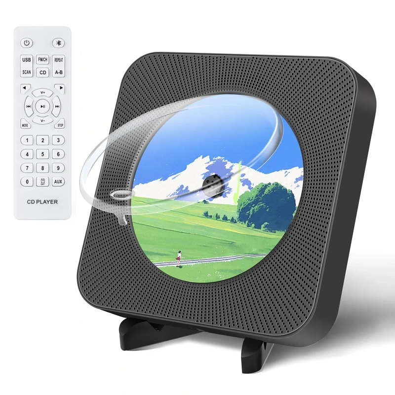 Bluetooth CD Player for Home, Wall Mountable CD Players with Built-in Dual Hi-fi Speakers, FM Radio, AUX/USB, LED Display, Dust Cover, Remote Control (Black)