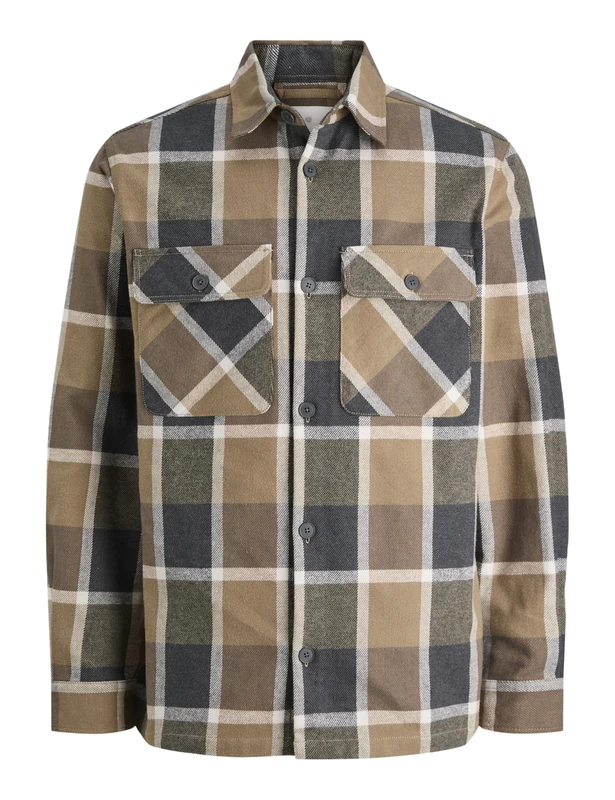 JACK & JONES Jprrayle Melange Check L/S Overshirt Sn, Malt Ball, M