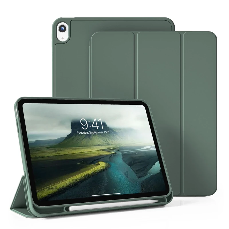 ZOYU Case for iPad (A16) 11 Inch 2025, iPad 10th Generation 2022 10.9 Inch with Pencil Holder, Smart Trifold Stand Protective Cover Soft TPU Back Shell, Support Touch ID, Auto Wake/Sleep, Dark Green