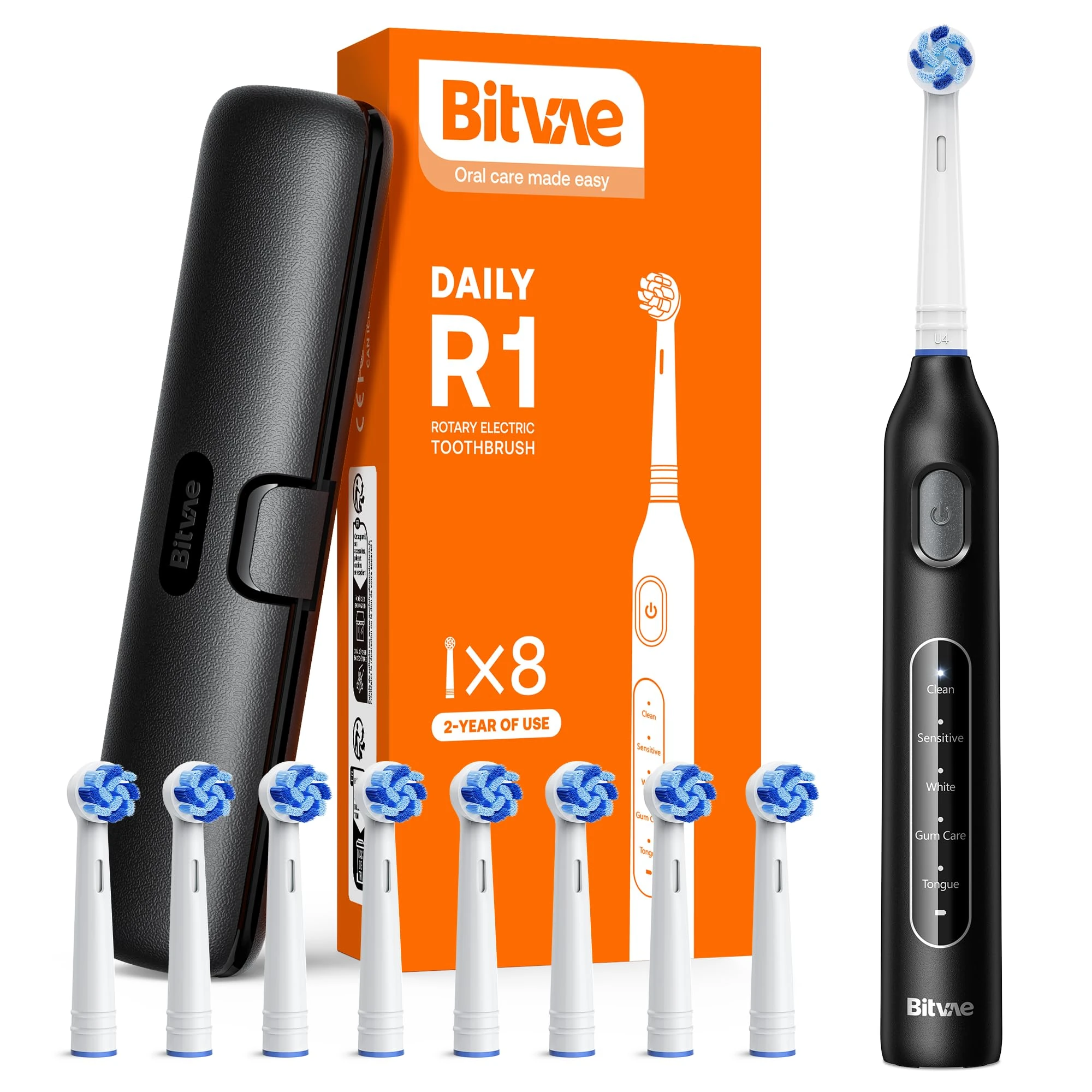 Bitvae Rotating Electric Toothbrush with 8 Brush Heads for Adults and Kids, Travel Case, 5 Modes Rechargeable Power Toothbrush with 2-Minute Smart Timer, 60-Day Battery Life, Black