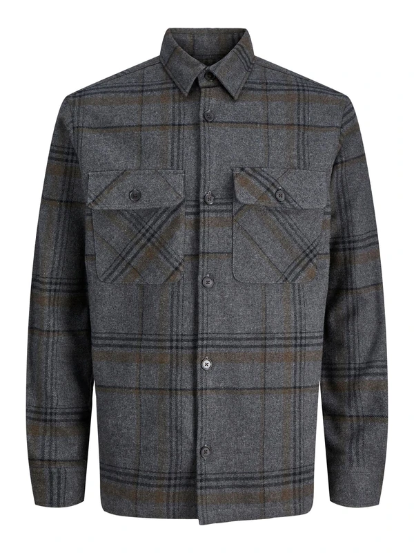 JACK & JONES Jprrayle Melange Check L/S Overshirt Sn, Dark Grey, S