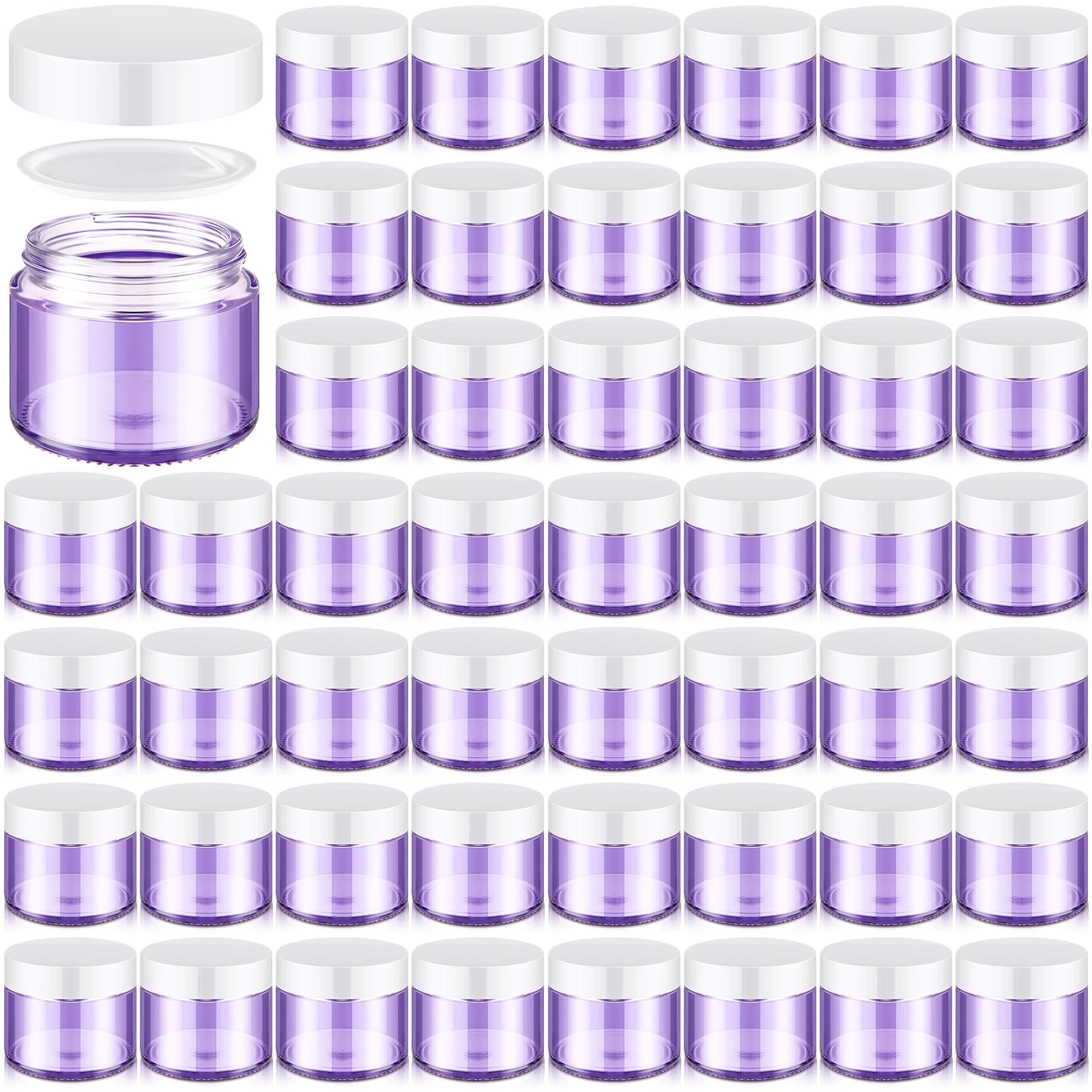 Domensi 48 Pcs 2 oz Glass Jars with Lids Leakproof Round Airtight Empty Cosmetic Jars with Inner Liners Lid for Storing Lotions Powders Ointments Sample Cream Candle Making (Transparent Purple)