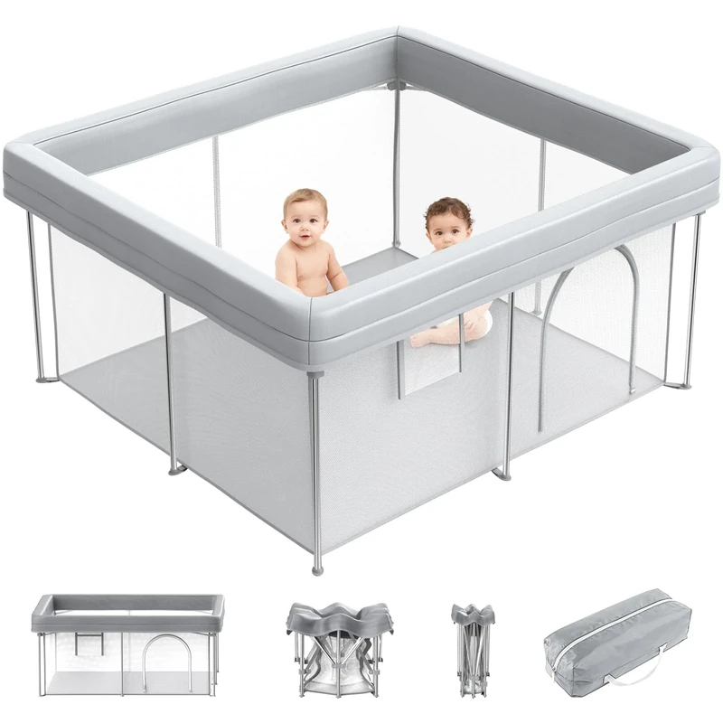 Auto Baby Playpen 120 * 120cm, INVOKER Automatic Opening Play Yard, Foldable Baby Playpen with Transparent Mesh Walls and Zip Door, Toddler Fence for Indoor & Outdoor Use with Travel Bag