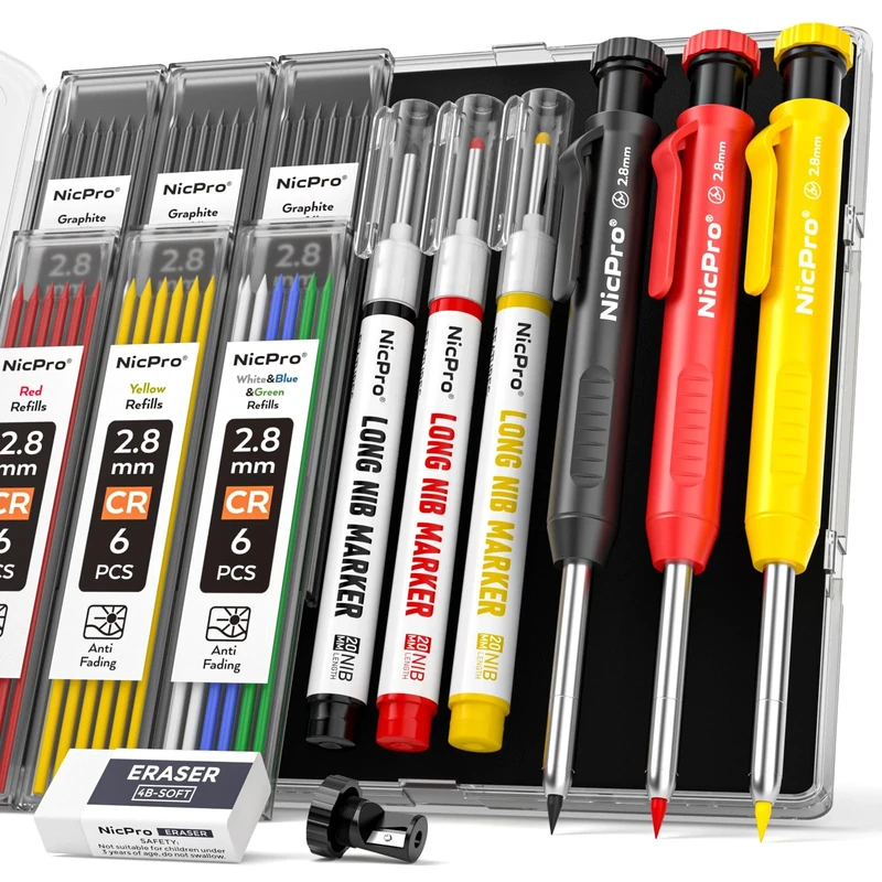 Nicpro 3 Pack CP1000 Carpenter Pencil with Sharpener, Mechanical Carpenter Pencils with 39 Refills, Deep Hole Long Nib Marker Pens for Construction, Heavy Duty Woodworking Pencil for Architect Marking