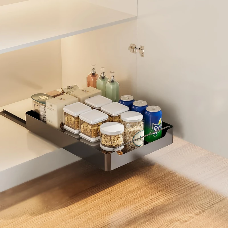 Telescopic Drawer, Extendable Drawer Kitchen, Kitchen Cabinet Organiser, Storage Shelves for Kitchen Cabinets with Adhesive Film, Cabinet Pull-Out (35 cm W x 43 cm D x 7 cm H), No Drilling and