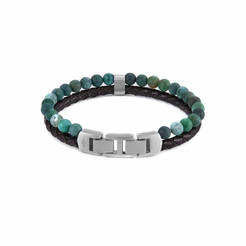 FOSSIL Men's beaded Stainless Steel or leather with fold over closure bracelet