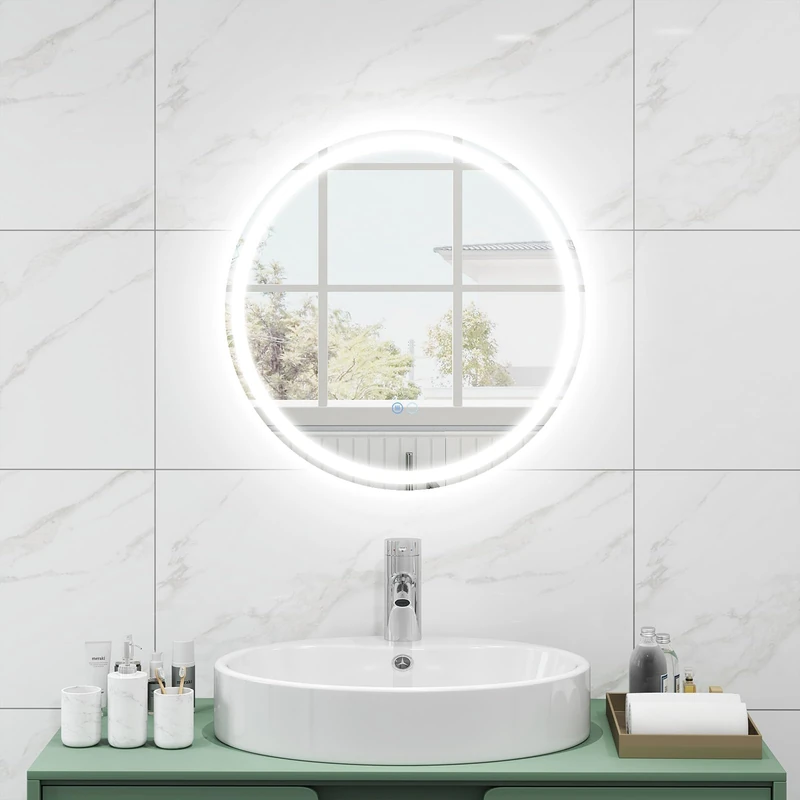 FANTASK LED Bathroom Mirror with Lighting, 60 cm Round Anti-Fog Bathroom Mirror, Wall Mirror, Dimmable with Touch Switch & Memory Function, LED Mirror Hanging Mirror for Bathroom, 60 L x 60 W cm,