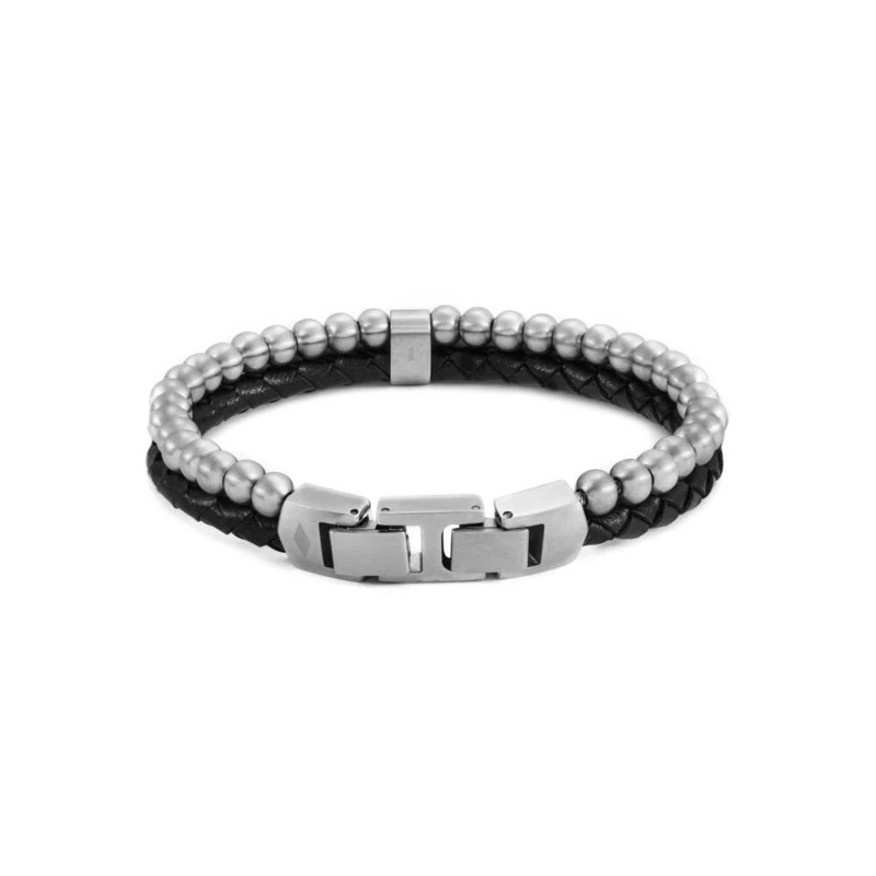 Fossil Men's beaded Stainless Steel or leather with fold over closure bracelet