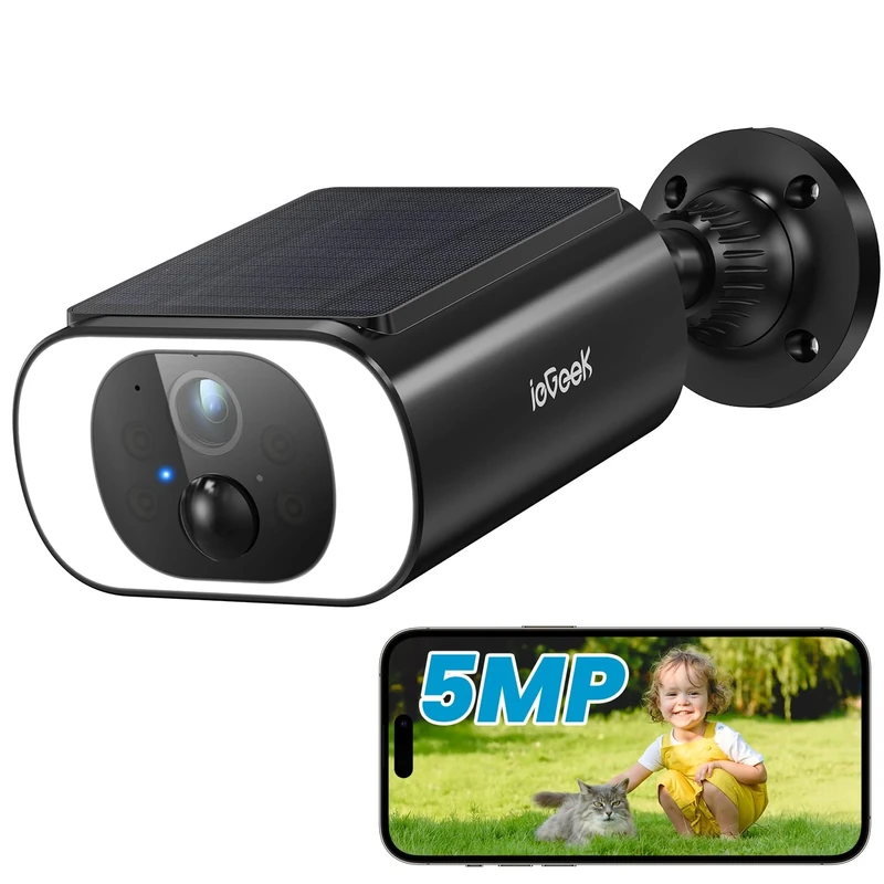 ieGeek 5MP Solar Security Camera Outdoor Wireless with Built-in Solar Panel, Battery CCTV Camera System,Outdoor Security Camera Home WiFi Cam,No Subscription Fee,Color Night Vision,Motion Detection