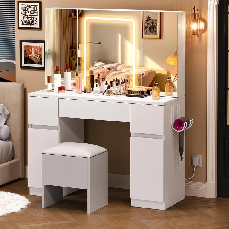 YITAHOME Dressing Table with Mirror and Stool, Vanity Desk with Mirror and Drawers White Dressing Table with LED Lights Jewelry Storage, Adjustable Brightness Vanity Table with Large Mirror and Stool