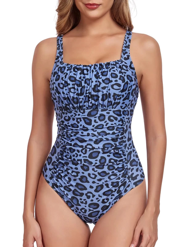 FLYILY Women's Ruched Monokini - Tummy Control Swimsuit Navy Leopard L