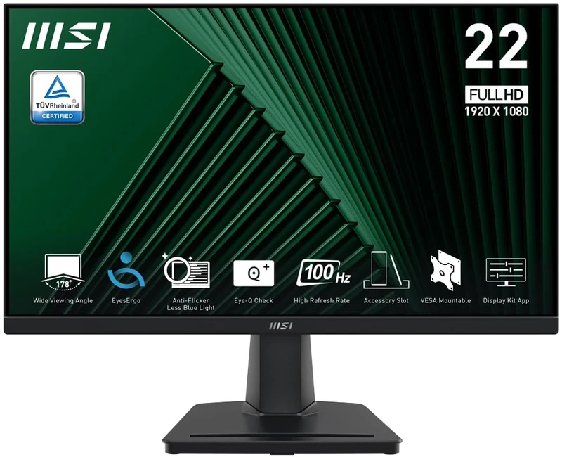 MSI PRO MP225V 21.5 Inch Full HD Office Monitor - 1920 x 1080 VA Panel, 100 Hz, Eye-Friendly Screen, Tilt-Adjustable - HDMI, D-Sub (VGA)