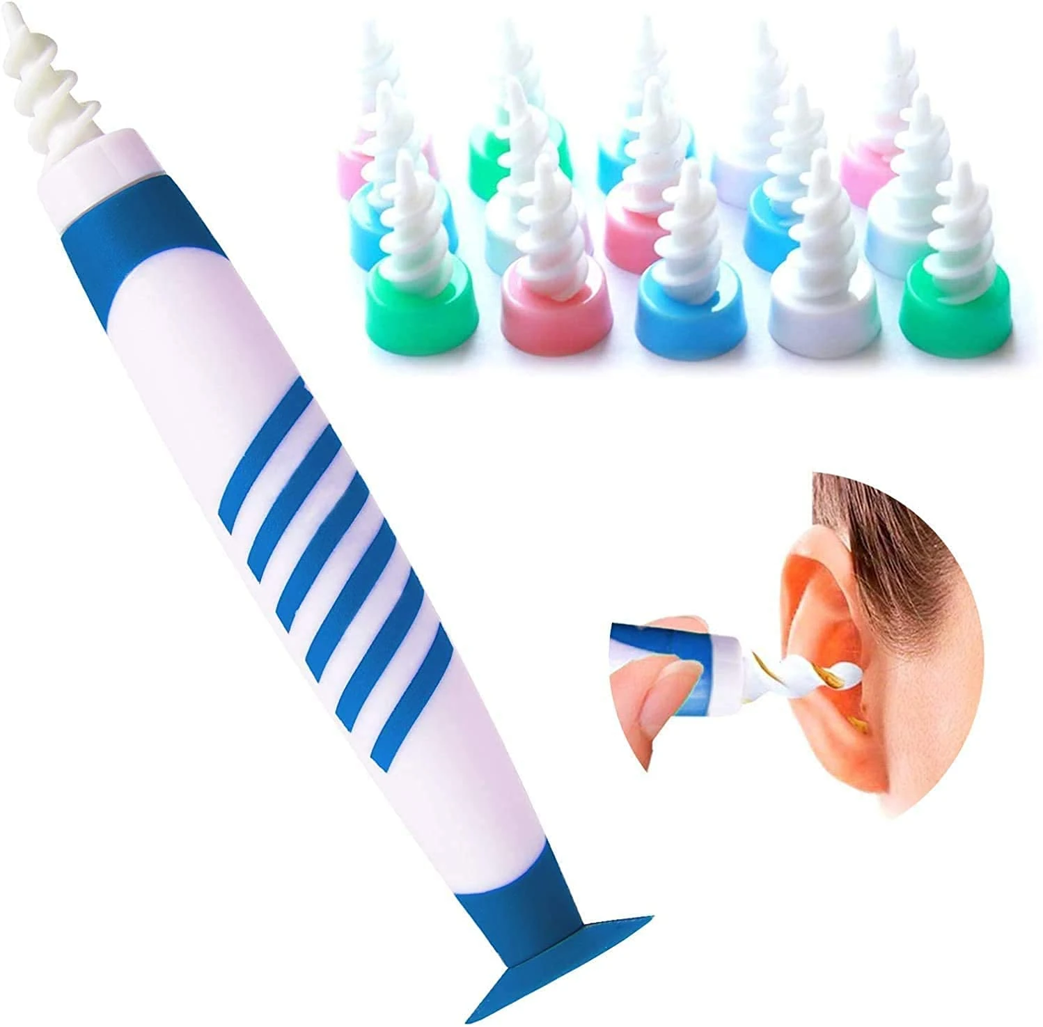 Ear Wax Removal, Ear Wax Remover, Ear Cleaner, Spiral Soft Silicone Ear Wax Removal Tool with 16 Washable Tips (1 Blue)