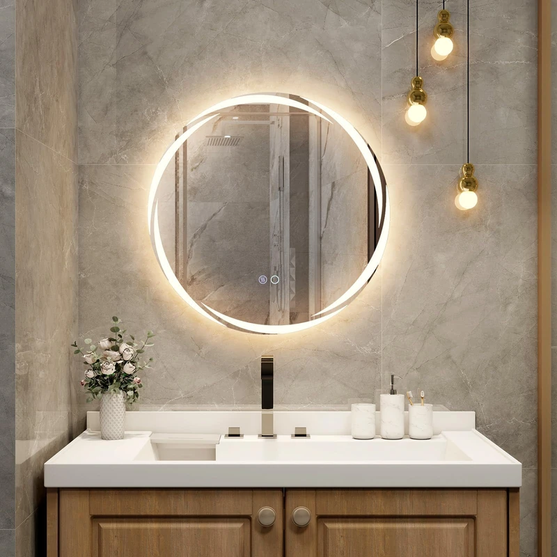 FANTASK LED Bathroom Mirror with Lighting, 60 cm Round Bathroom Mirror, Anti-Fog, Dimmable with Touch Switch & Memory Function, Oval 60 L x 60 W cm