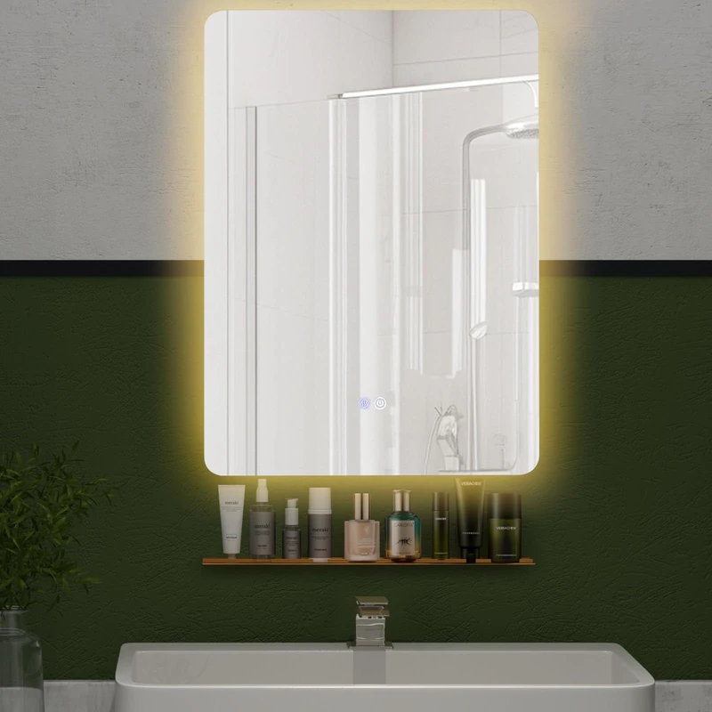 FANTASK LED Bathroom Mirror with Lighting, Dimmable Bathroom Mirror with Touch Switch & Memory Function, 3000 K - 6000 K, Anti-Fog Wall Mirror Rectangular with Shelf, 70 L x 50 W cm - Image 1