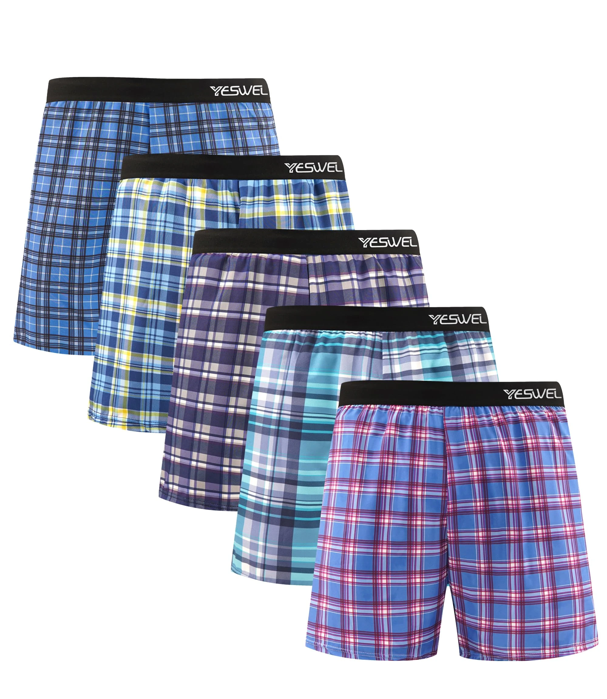 YESWEL Mens Boxer Shorts 5 Pack, Cotton Woven Underwear, Comfort Loose Fit Underpants, Breathable Trunks With Elastic Waistband (Multicolor 01, M)