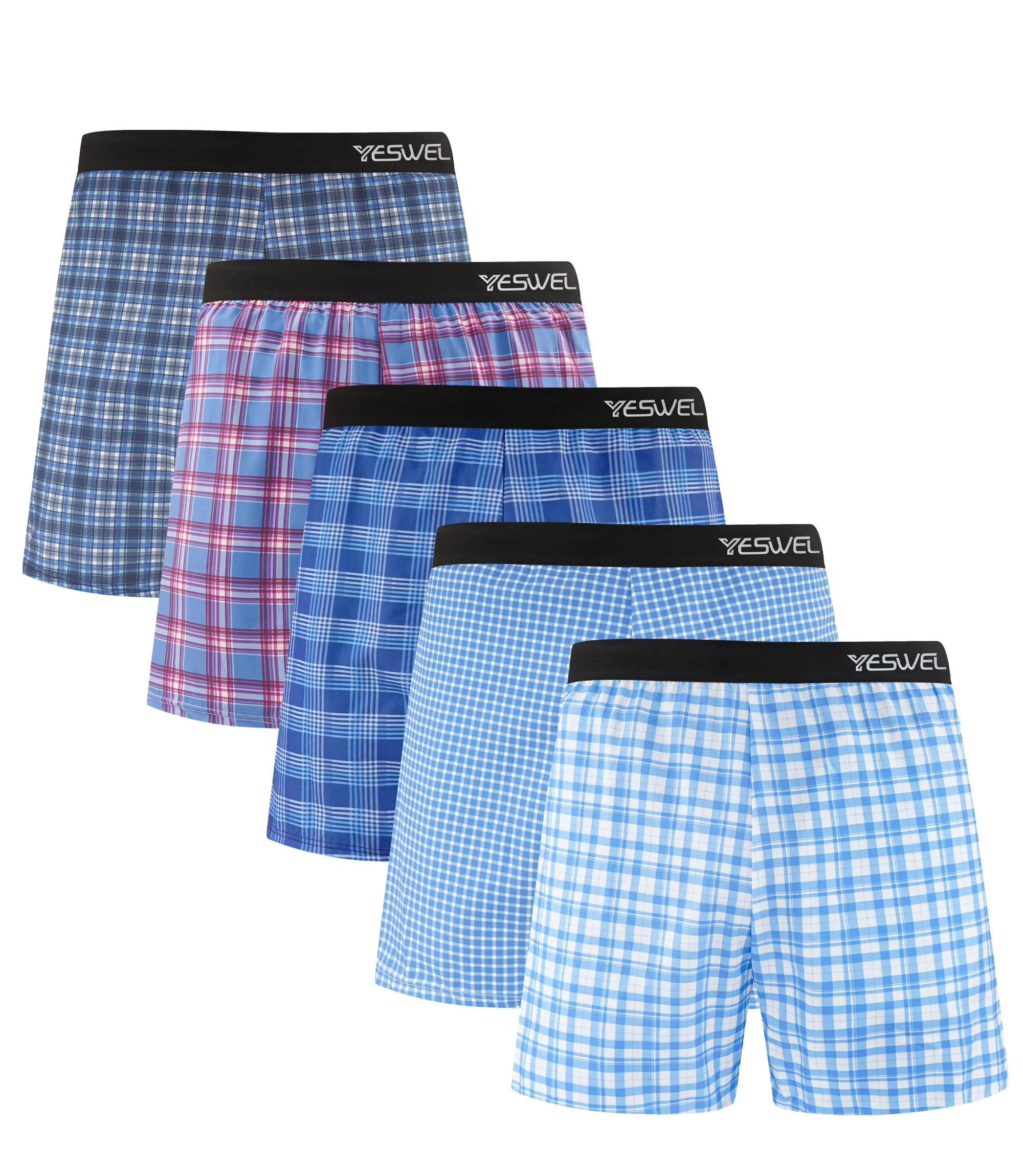 YESWEL Mens Underwear 5 Pack, Cotton Woven Boxer Shorts, Comfort Loose Fit Underpants, Breathable Trunks With Elastic Waistband (Multicolor 02, L)