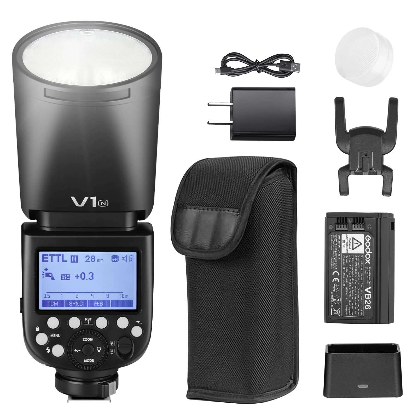 Godox V1N Flash Speedlite, 76Ws 2.4G High-Speed Sync 1/8000s 2600mAh Li-Ion Akku Rundkopf Speedlight for Nikon Camera (V1-N)