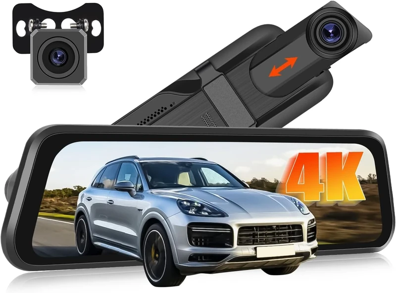 CAMECHO 9.66" 4K Mirror Dash Cam with WiFi, 1080P Full HD Smart Rearview Mirror for Cars & Trucks, Front and Rear Dual Cameras, Night Vision, Reverse Assist, Included 64GB Card