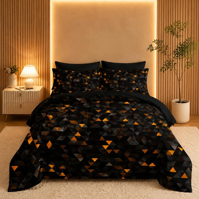 Nttopship Geometric Yellow Black Triangle King Size Comforter Set,Light Honeycomb Bedding Set 7 Piece in A Bag,Bed Sheet Set Geometry Decor,Microfiber Lightweight All Season
