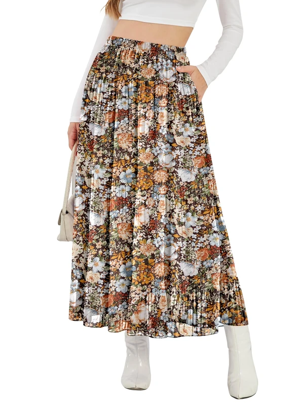 NASHALYLY Women's High Waisted Maxi Skirt,Elastic Chiffon Boho Long Skirt with Pockets, Coffee Floral P, S