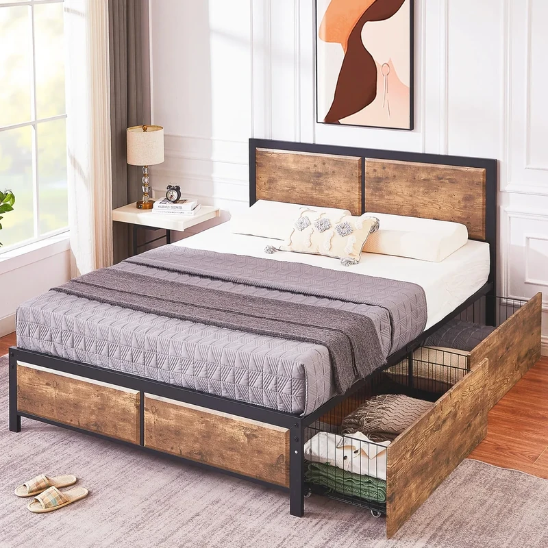 VECELO Double Bed Frame with Storage, 4FT6 Heavy-Duty Platform with Rustic Vintage Wood Headboard and 4 Drawers, No Box Spring Needed, Noise-Free Anti-Slip, Easy Assembly