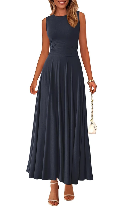 PRETTYGARDEN Womens Summer Dresses 2025 Casual Sleeveless Crewneck Aline Maxi Dress Stretch Tank Flowy Long Dresses, Navy, M