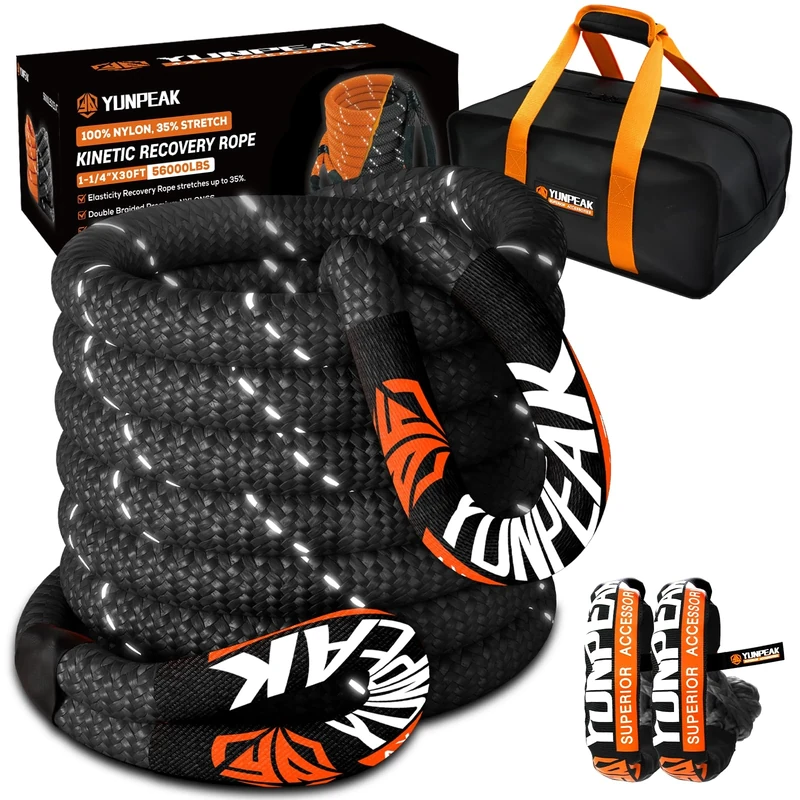 YUNPEAK 1.26" x 30ft Kinetic Recovery Tow Rope (56,000lbs) Heavy Duty Offroad Recovery Rope with 2 UHMWPE Soft Shackles (56,000lbs) Tow Rope Kit for Trucks SUV UTV ATV Tractor Car Jeep (Black)