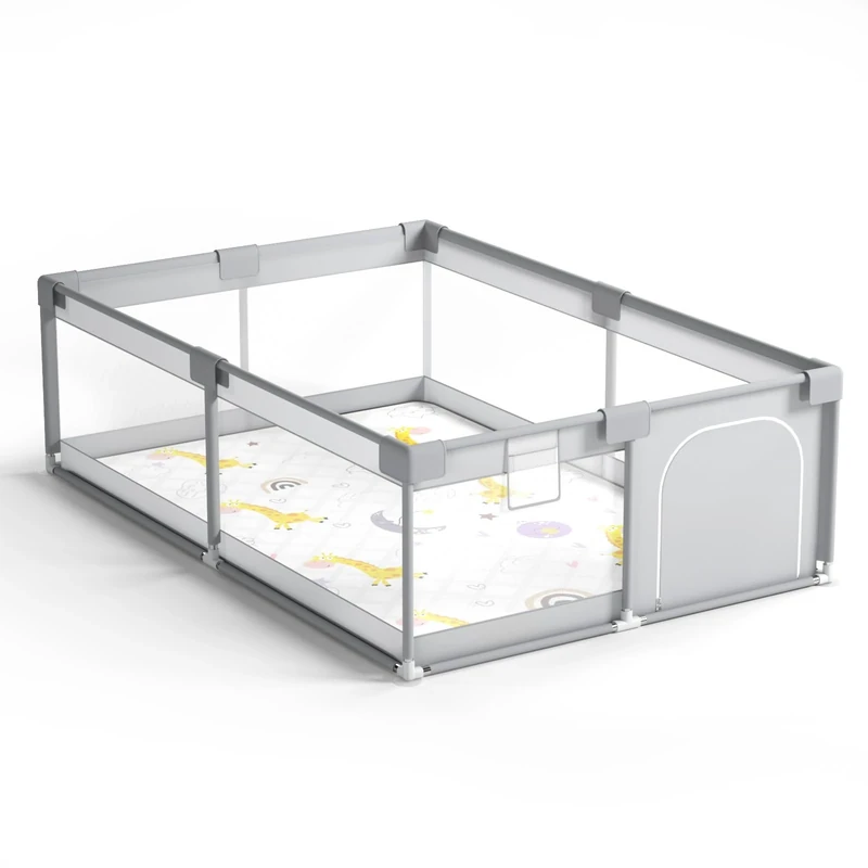 Baby Playpen 120 * 180cm with Mat, Large Play Yard with Transparent Mesh Walls and Zip Door, Toddler Fence for Indoor & Outdoor Use with Travel Bag