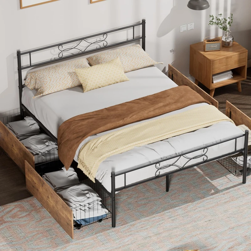 VECELO Double Bed Frame with Storage, 4ft6 Metal Platform with 4 Drawers, Premium Steel Slat Support, No Box Spring Needed, Noise-Free Anti-Slip, Easy Assembly