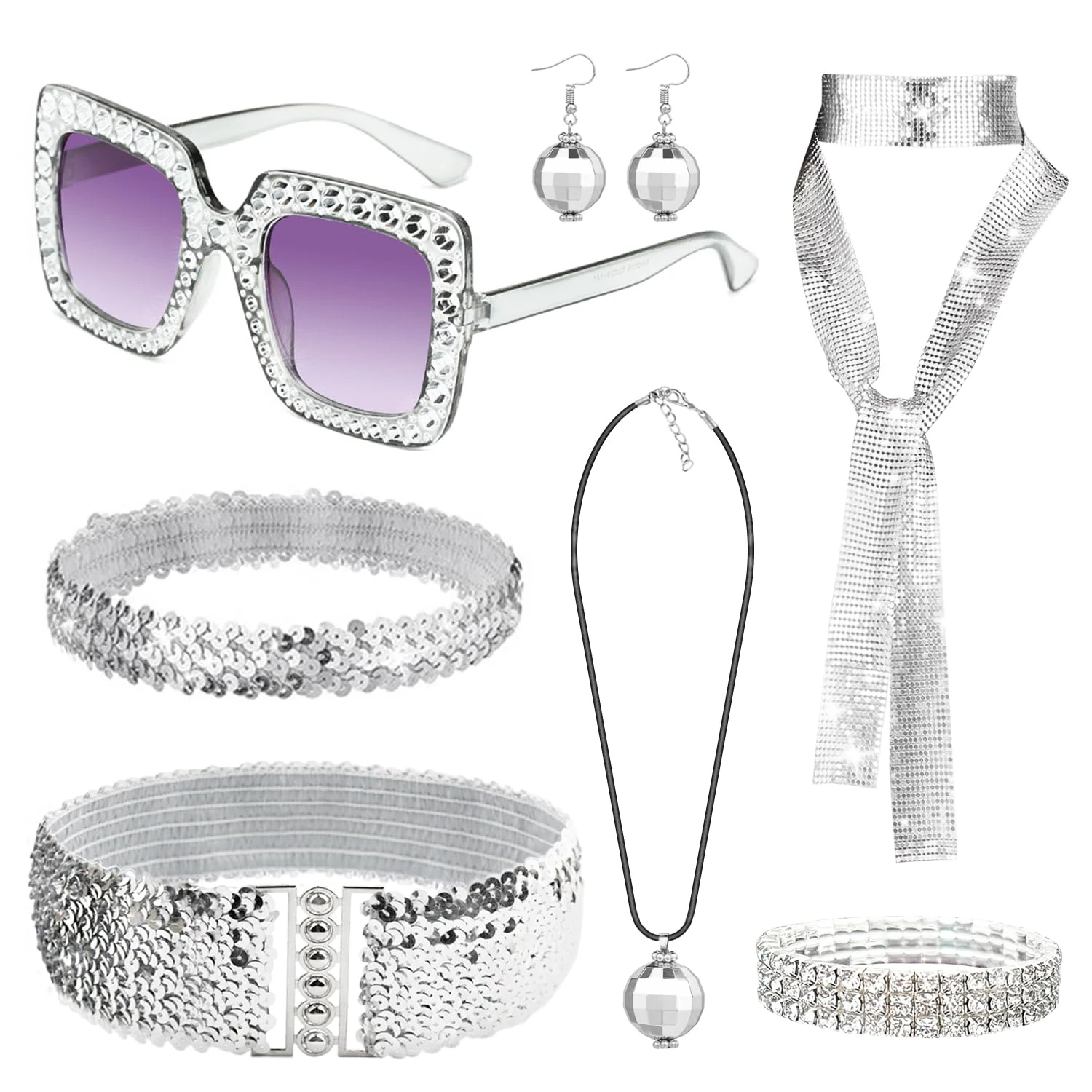 Spove 70s Disco Accessories Set, 7 Pcs Sequin Headband, Sunglasses, Disco Earrings, Necklace, Bracelet, Ring, Scarf,Belt for Women, 70s Retro Party Accessories Costume Set for Disco Theme