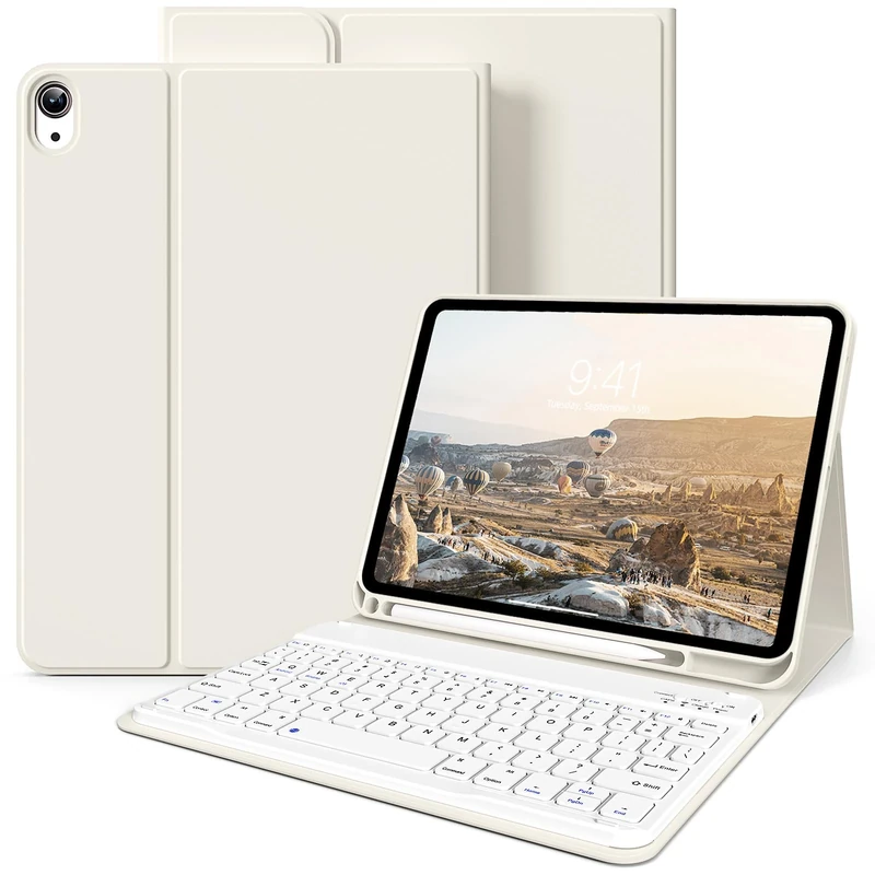 zoyu Keyboard Case for iPad 11th Generation (A16) 11 Inch 2025, iPad 10th Gen 10.9 Inch 2022, Magnetically Detachable Wireless Keyboard, Smart Stand Folio Cover with Pencil Holder, Beige