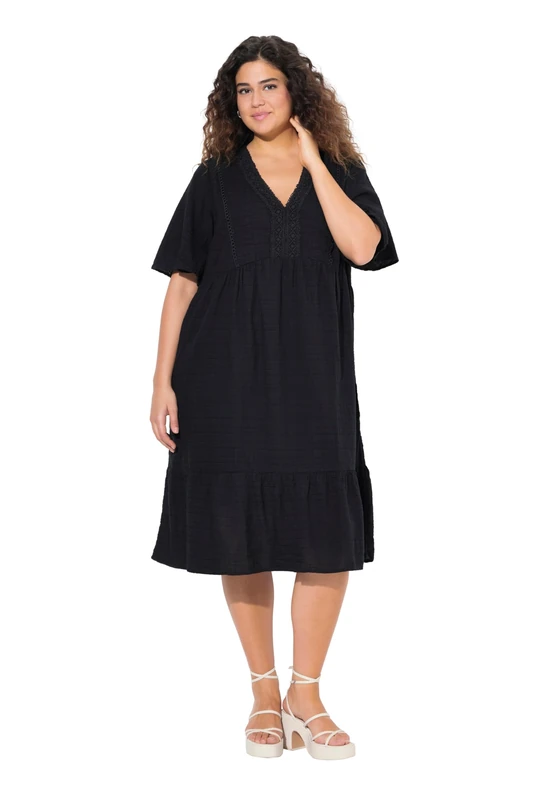 Ulla Popken Women's V-Neck Flounce Dress, Black, 20-22