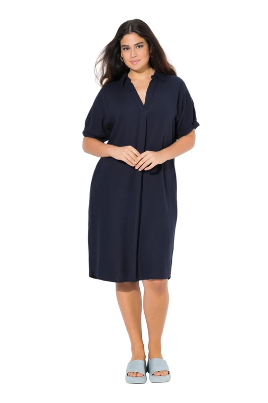 Ulla Popken Women's Linen Mix Dress, Navy, 16-18