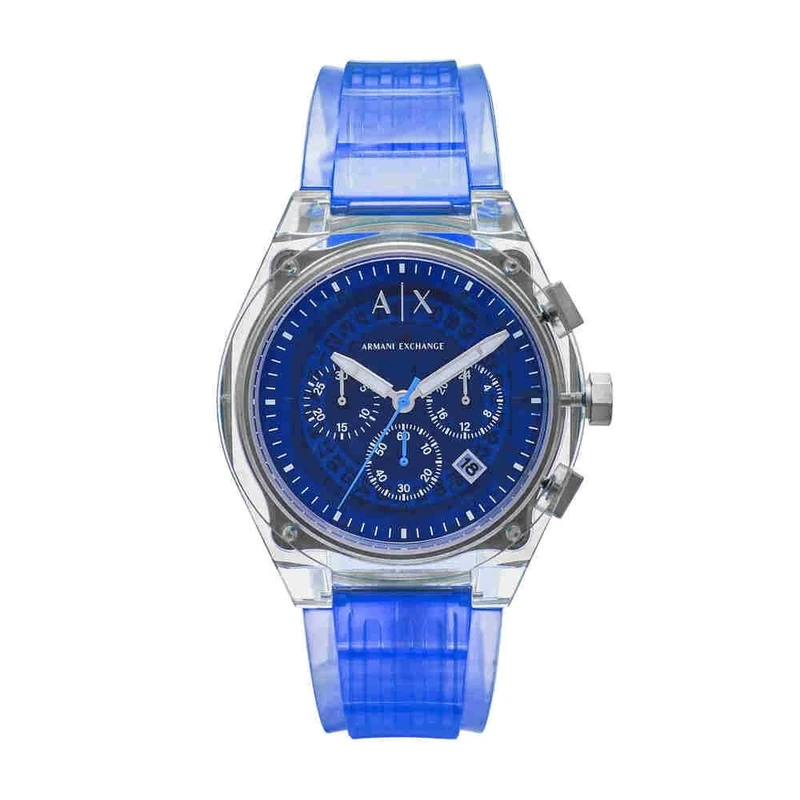 Armani Exchange Watch for Men Chronograph Movement and 46mm Case Size with Stainless Steel Leather or Silicone Strap, Steel Blue and Silver Tone